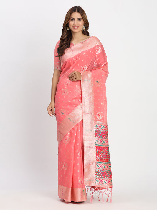 Astita Peach Linen Saree with Multicolor Weaving & Zari Pallu - Elegant & Lightweight for Everyday Grace