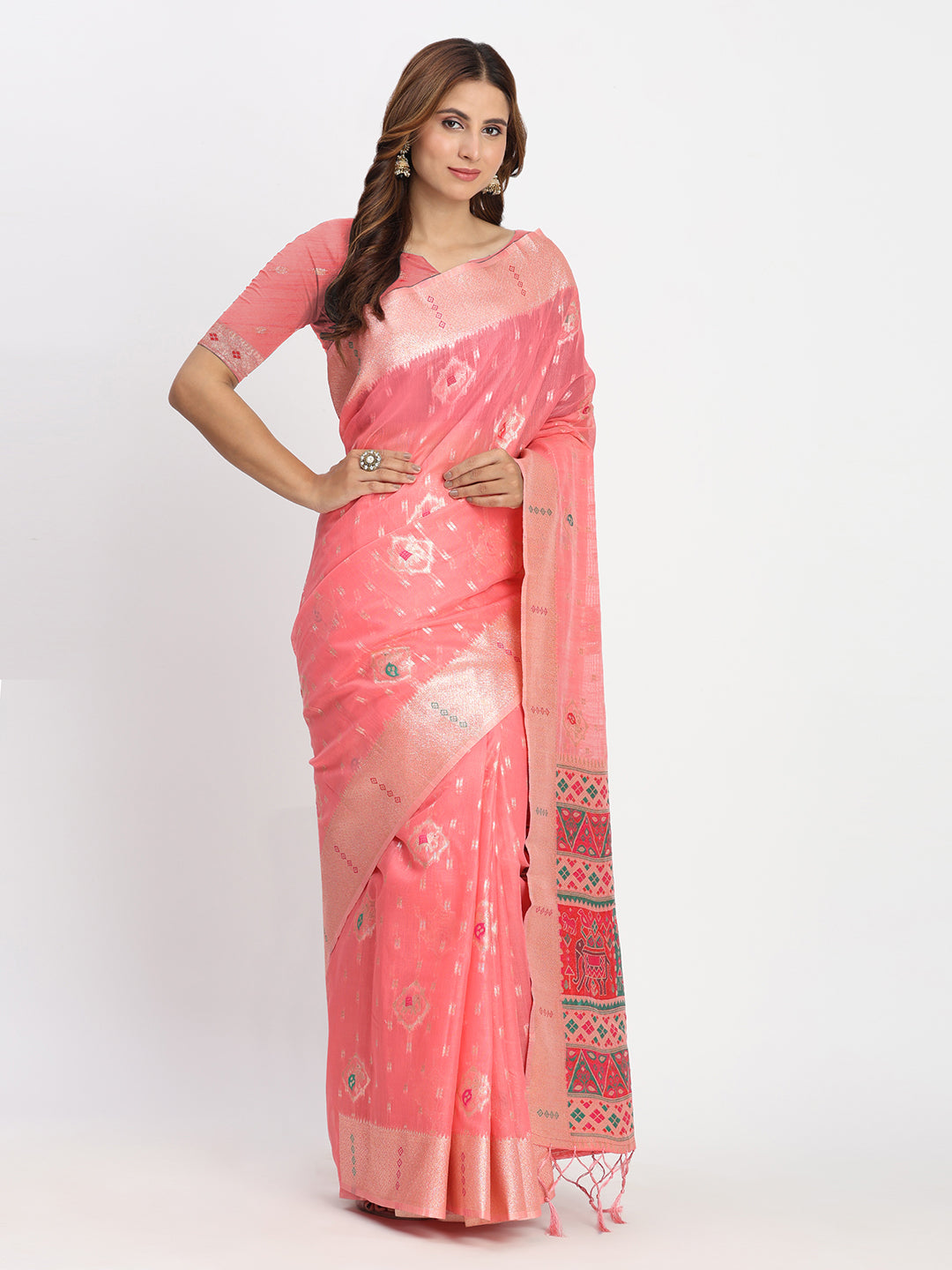 Astita Peach Linen Saree with Multicolor Weaving & Zari Pallu - Elegant & Lightweight for Everyday Grace
