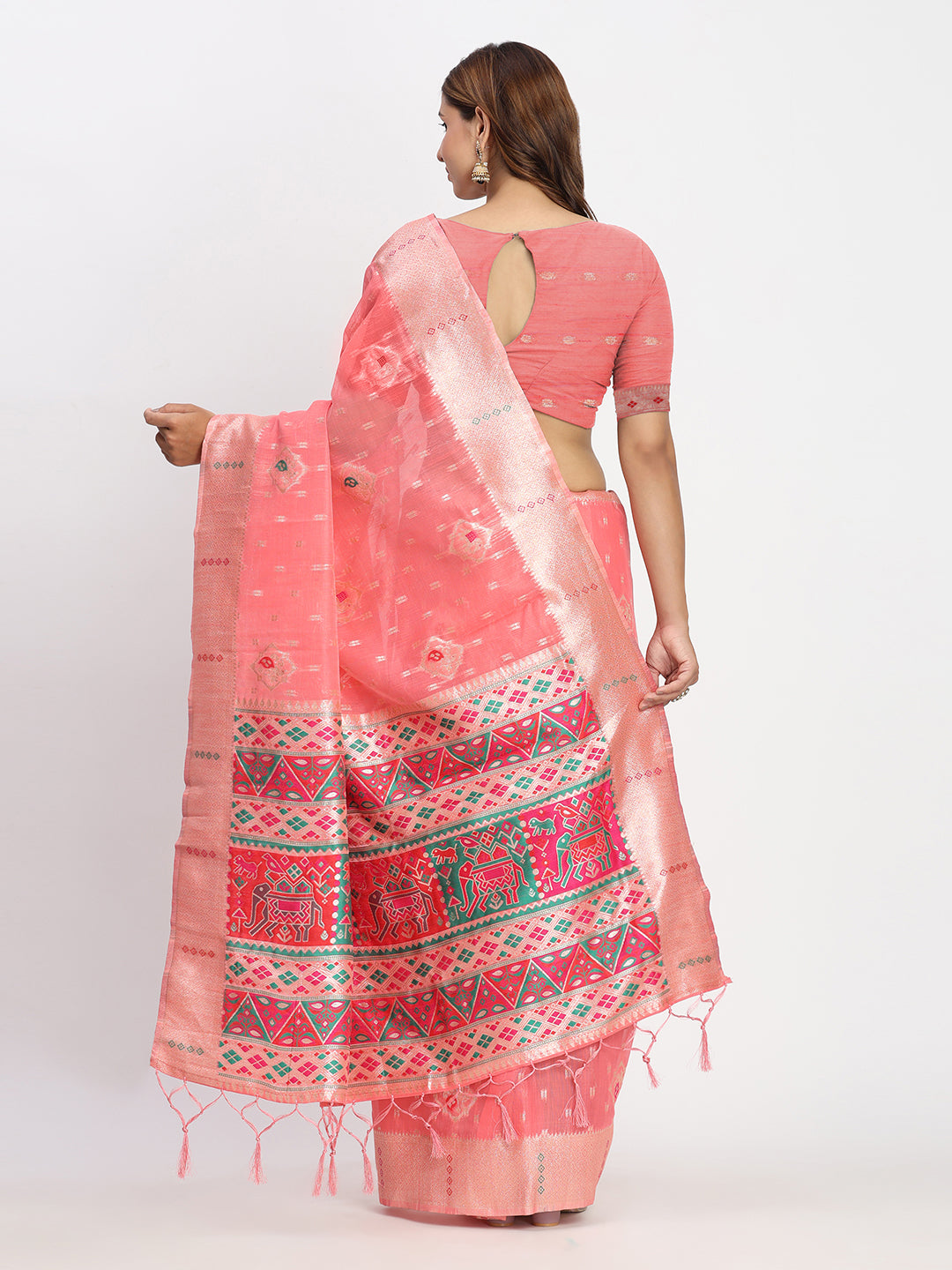 Astita Peach Linen Saree with Multicolor Weaving & Zari Pallu - Elegant & Lightweight for Everyday Grace