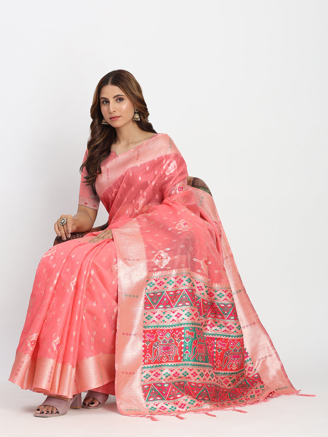 Astita Peach Linen Saree with Multicolor Weaving & Zari Pallu - Elegant & Lightweight for Everyday Grace