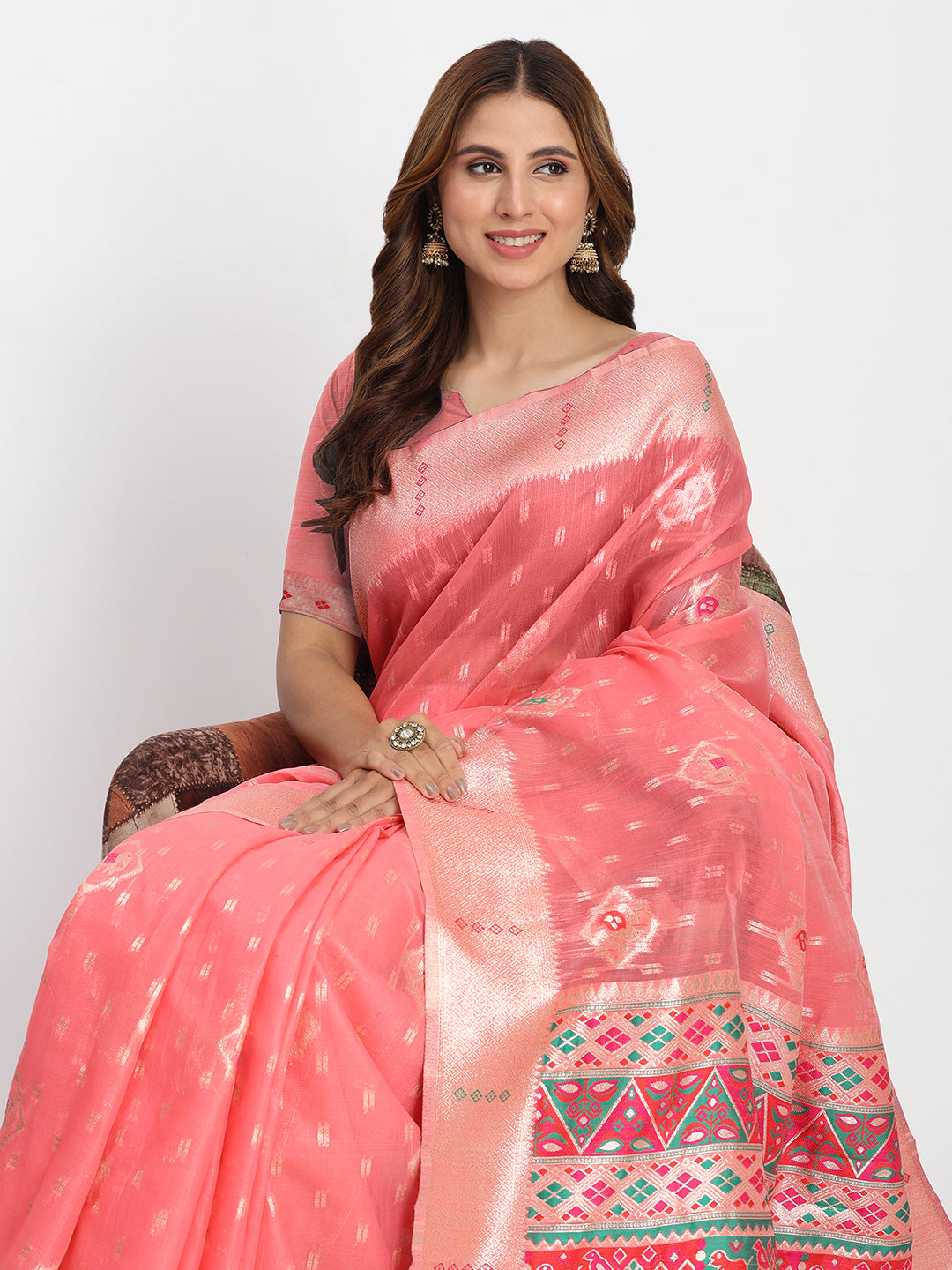 Astita Peach Linen Saree with Multicolor Weaving & Zari Pallu - Elegant & Lightweight for Everyday Grace