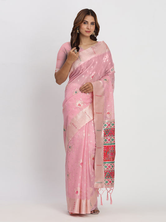Astita Light Pink Linen Saree with Multicolor Weaving & Zari Pallu - Elegant & Lightweight for Everyday Grace