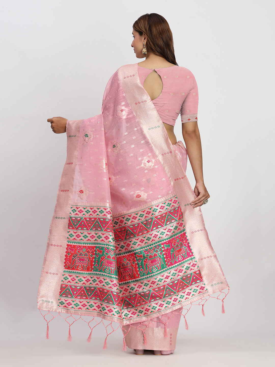 Astita Light Pink Linen Saree with Multicolor Weaving & Zari Pallu - Elegant & Lightweight for Everyday Grace
