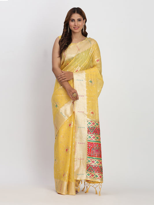 Astita Yellow Linen Saree with Multicolor Weaving & Zari Pallu - Elegant & Lightweight for Everyday Grace