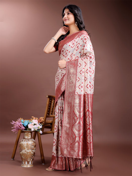 Astita Graceful Cream & Red Linen Cotton Saree with Rich Zari Pallu – A Touch of Royal Comfort