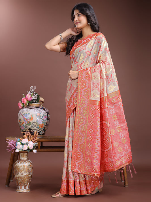 Astita Graceful Beige & Coral Linen Cotton Saree – Lightweight Elegance for Modern Women