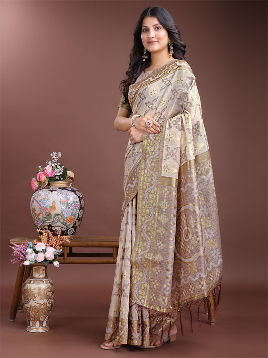 Astita Graceful Beige & Brown Linen Cotton Saree – Lightweight Elegance for Modern Women