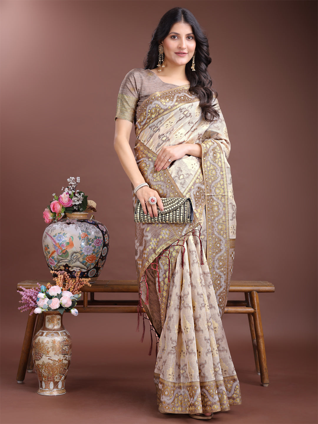 Astita Graceful Beige & Brown Linen Cotton Saree – Lightweight Elegance for Modern Women