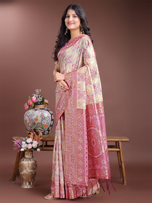 Astita Graceful Beige & Pink Linen Cotton Saree – Lightweight Elegance for Modern Women