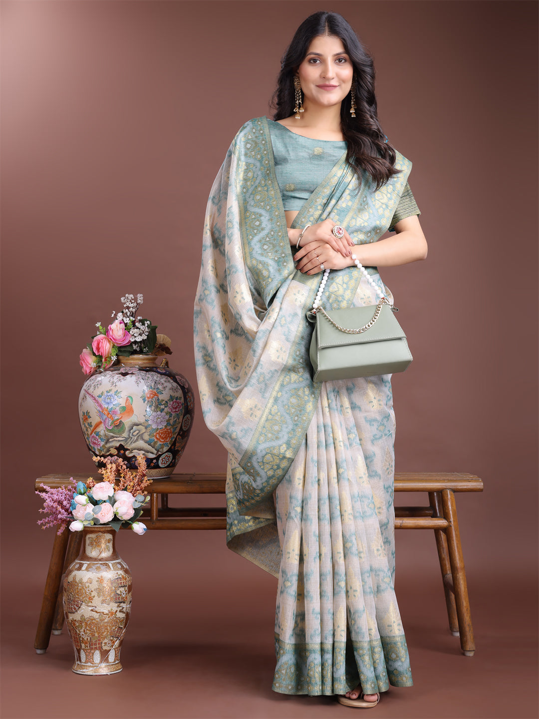 Astita Graceful Beige & Sea Green Linen Cotton Saree – Lightweight Elegance for Modern Women