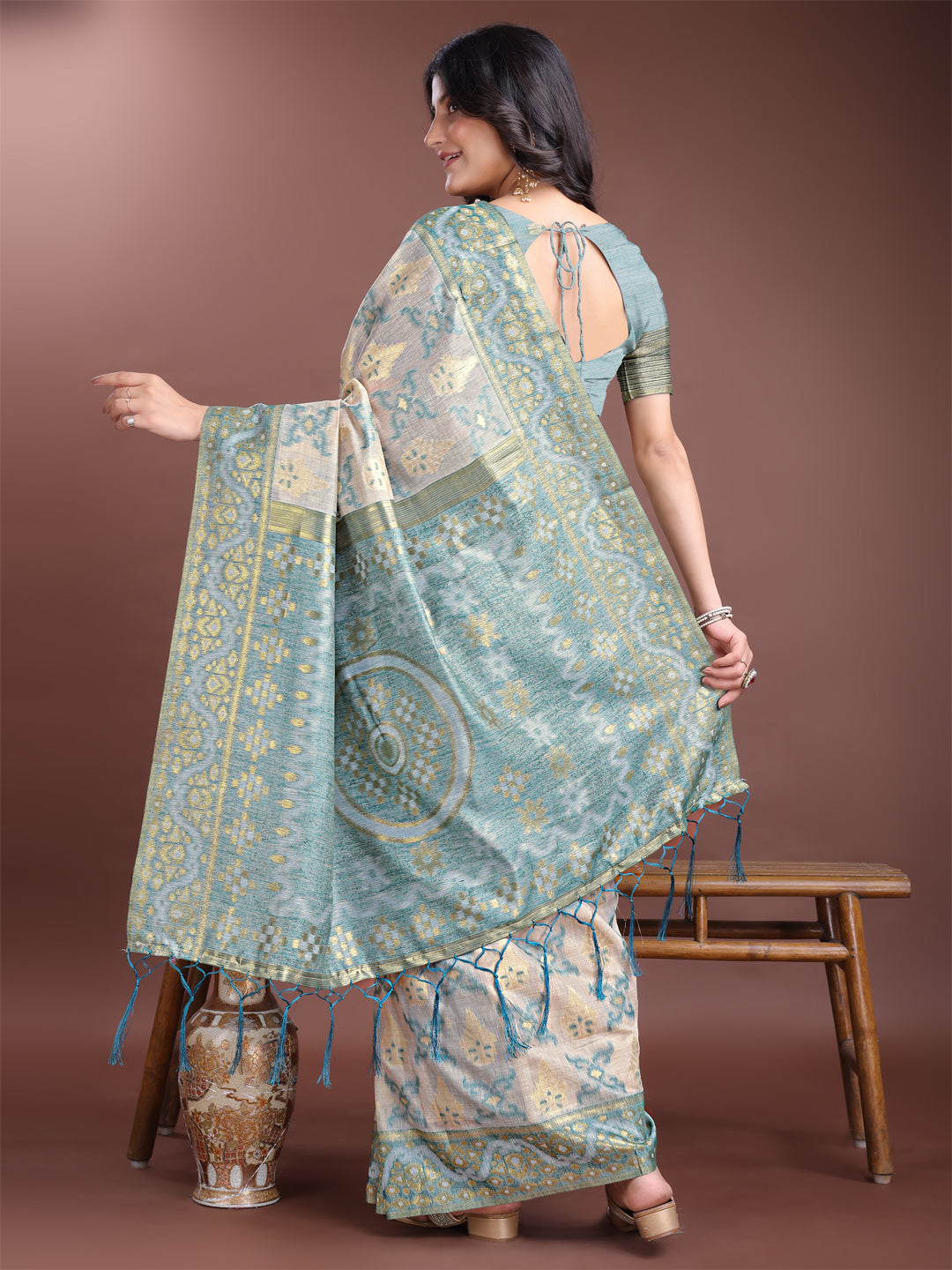 Astita Graceful Beige & Sea Green Linen Cotton Saree – Lightweight Elegance for Modern Women