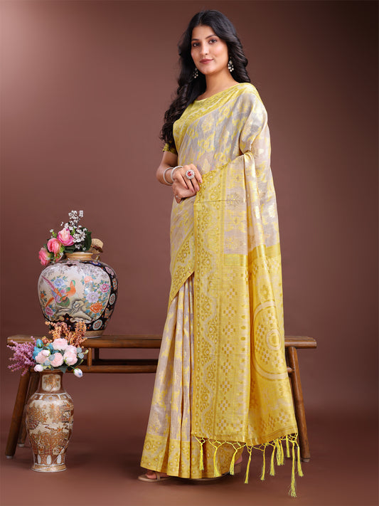 Astita Graceful Beige & Yellow Linen Cotton Saree – Lightweight Elegance for Modern Women