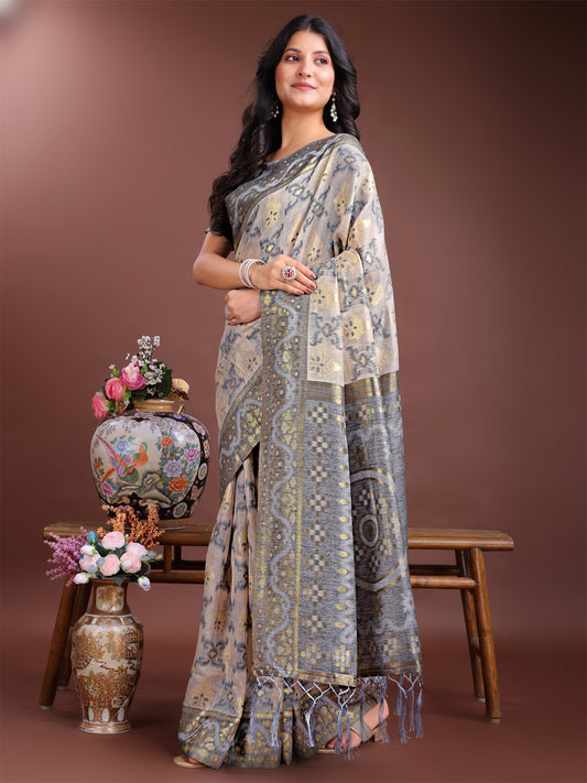 Astita Graceful Beige & Grey Linen Cotton Saree – Lightweight Elegance for Modern Women