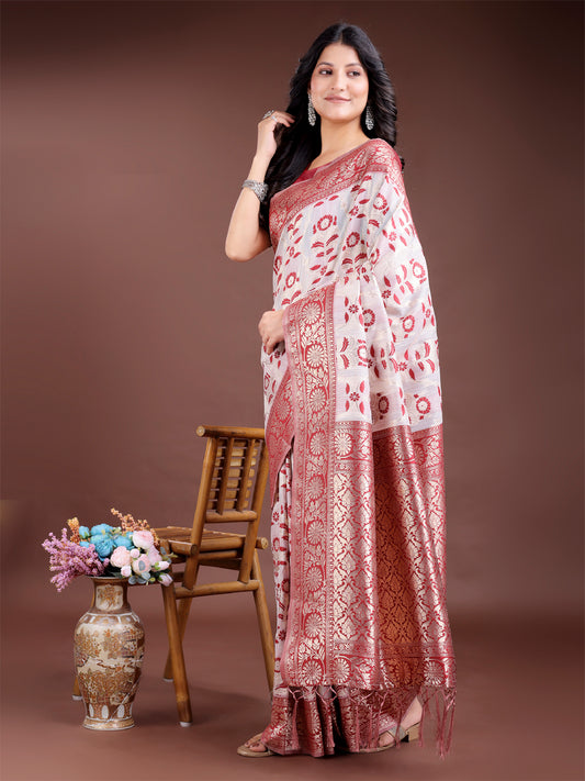 Astita White & Maroon Woven Linen Cotton Saree with Rich Zari Border – Soft Festive Wear Saree for Women