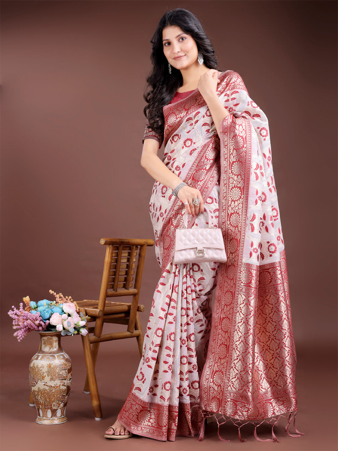 Astita White & Maroon Woven Linen Cotton Saree with Rich Zari Border – Soft Festive Wear Saree for Women