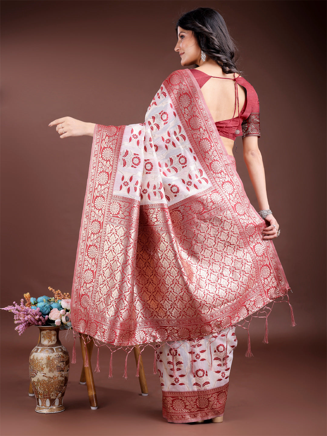 Astita White & Maroon Woven Linen Cotton Saree with Rich Zari Border – Soft Festive Wear Saree for Women
