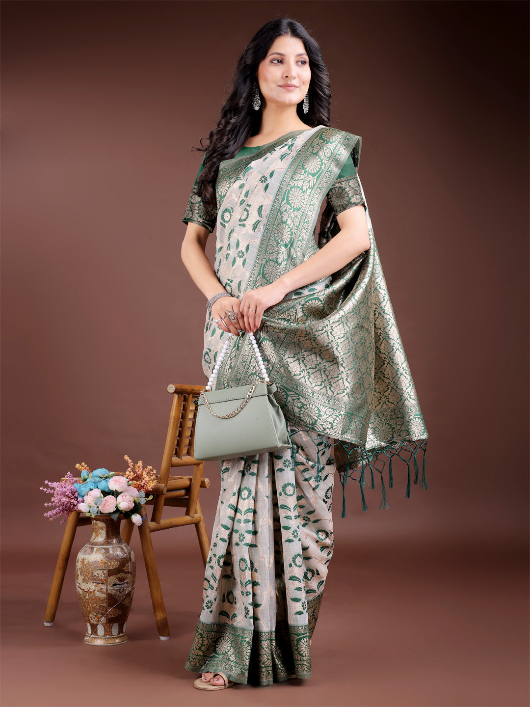 Astita White & Green Woven Linen Cotton Saree with Rich Zari Border – Soft Festive Wear Saree for Women