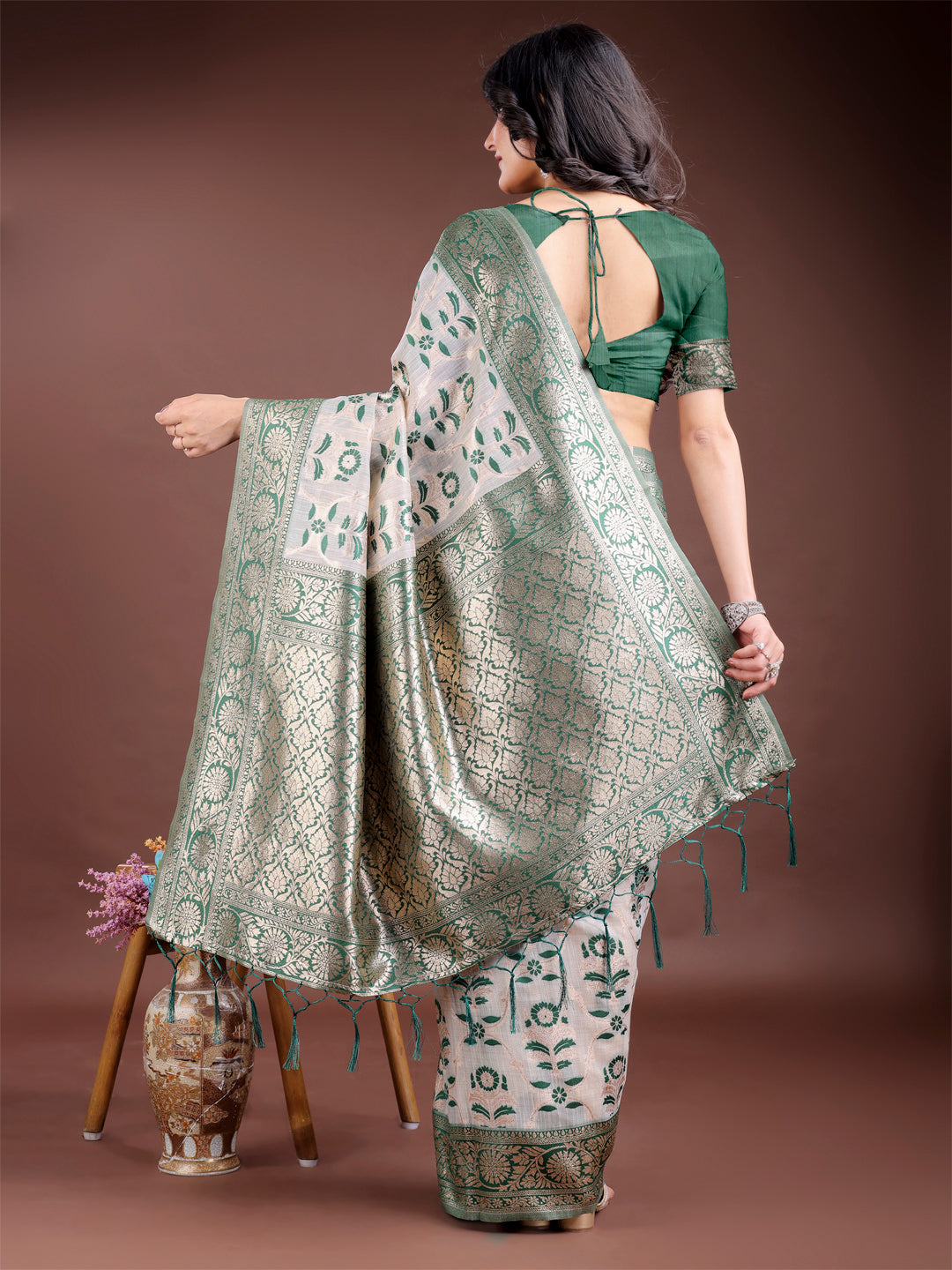 Astita White & Green Woven Linen Cotton Saree with Rich Zari Border – Soft Festive Wear Saree for Women