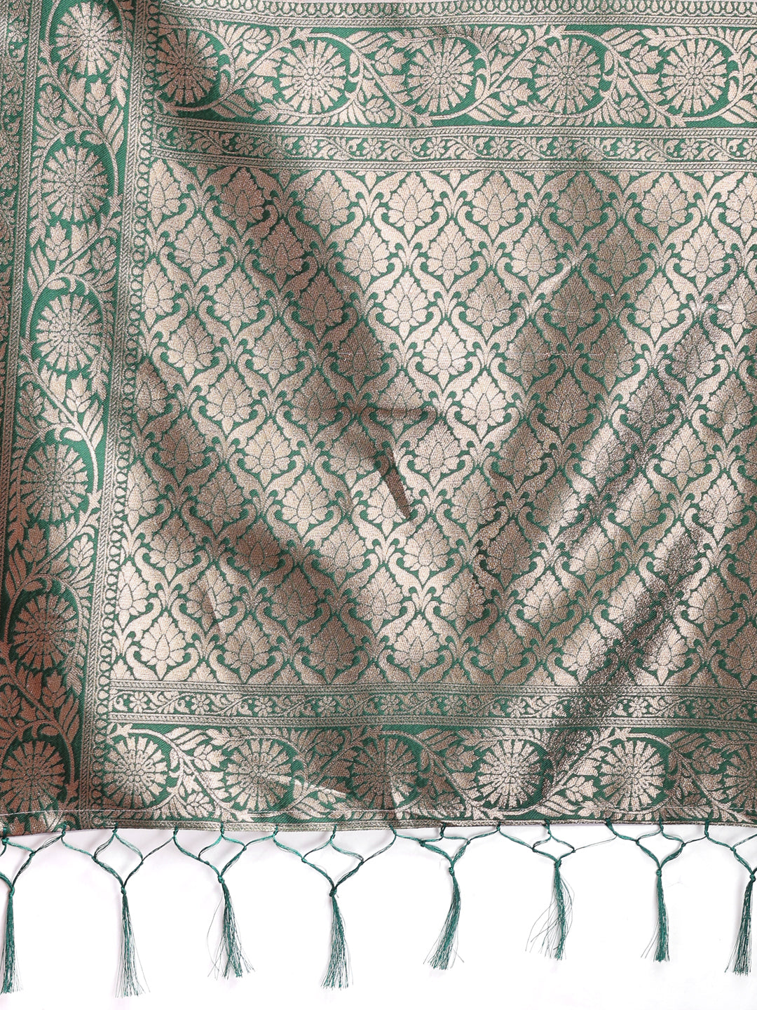 Astita White & Green Woven Linen Cotton Saree with Rich Zari Border – Soft Festive Wear Saree for Women