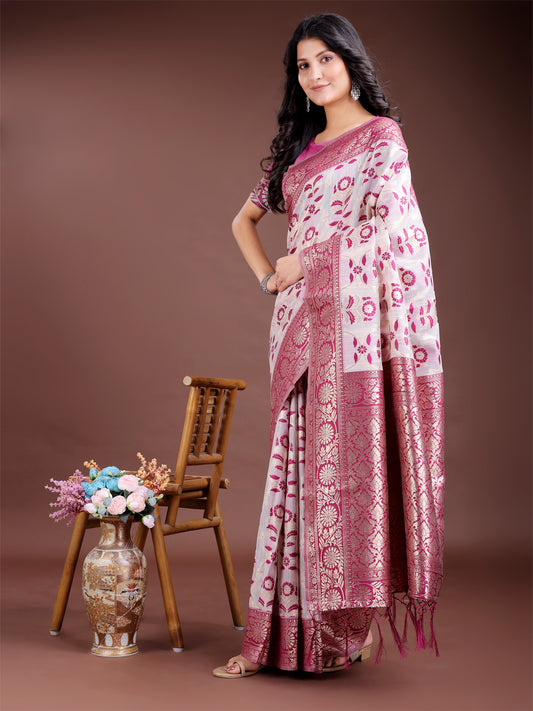 Astita White & Purple Woven Linen Cotton Saree with Rich Zari Border – Soft Festive Wear Saree for Women