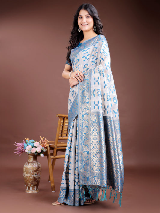 Astita White & Sky Blue Woven Linen Cotton Saree with Rich Zari Border – Soft Festive Wear Saree for Women