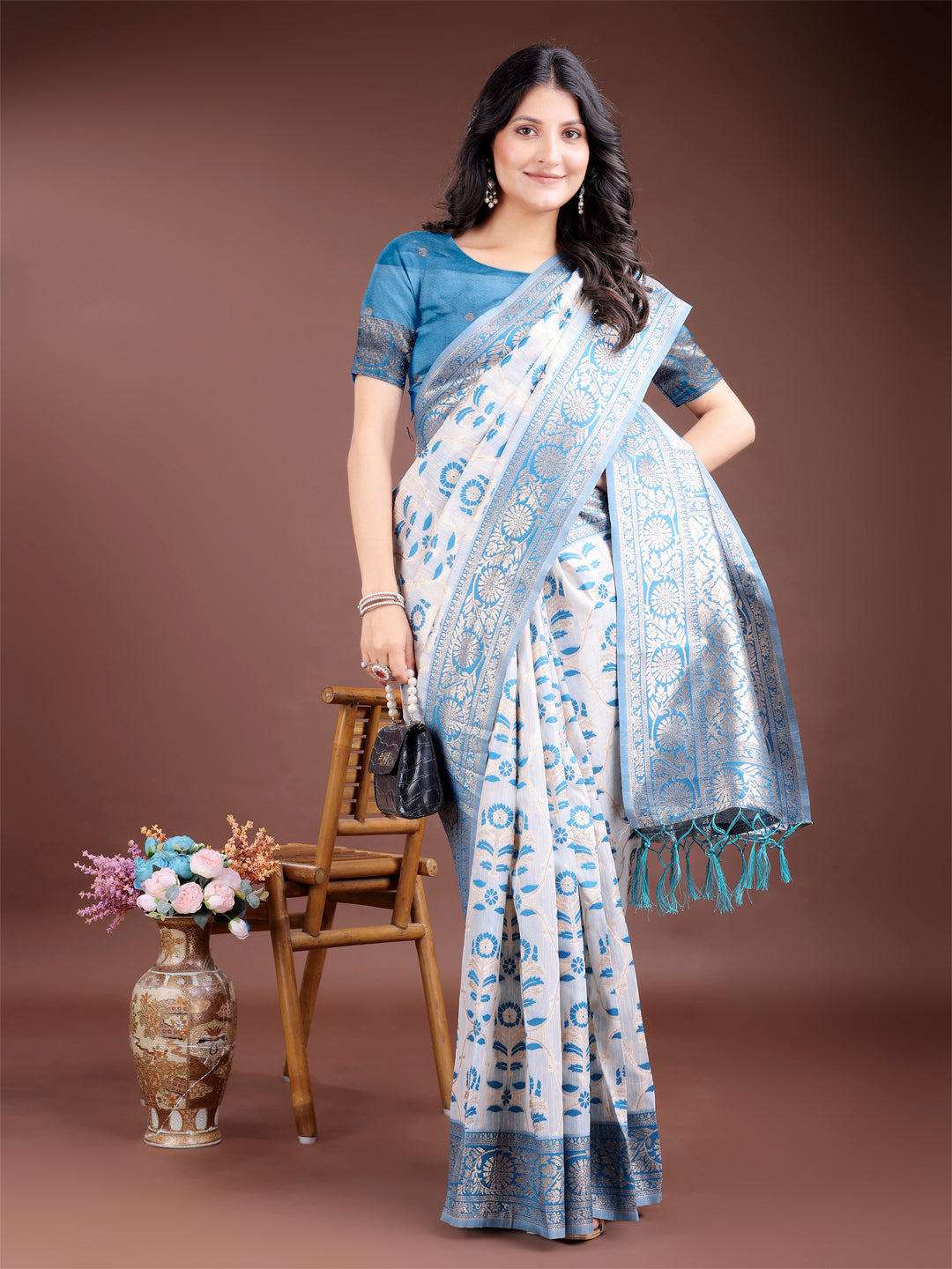 Astita White & Sky Blue Woven Linen Cotton Saree with Rich Zari Border – Soft Festive Wear Saree for Women