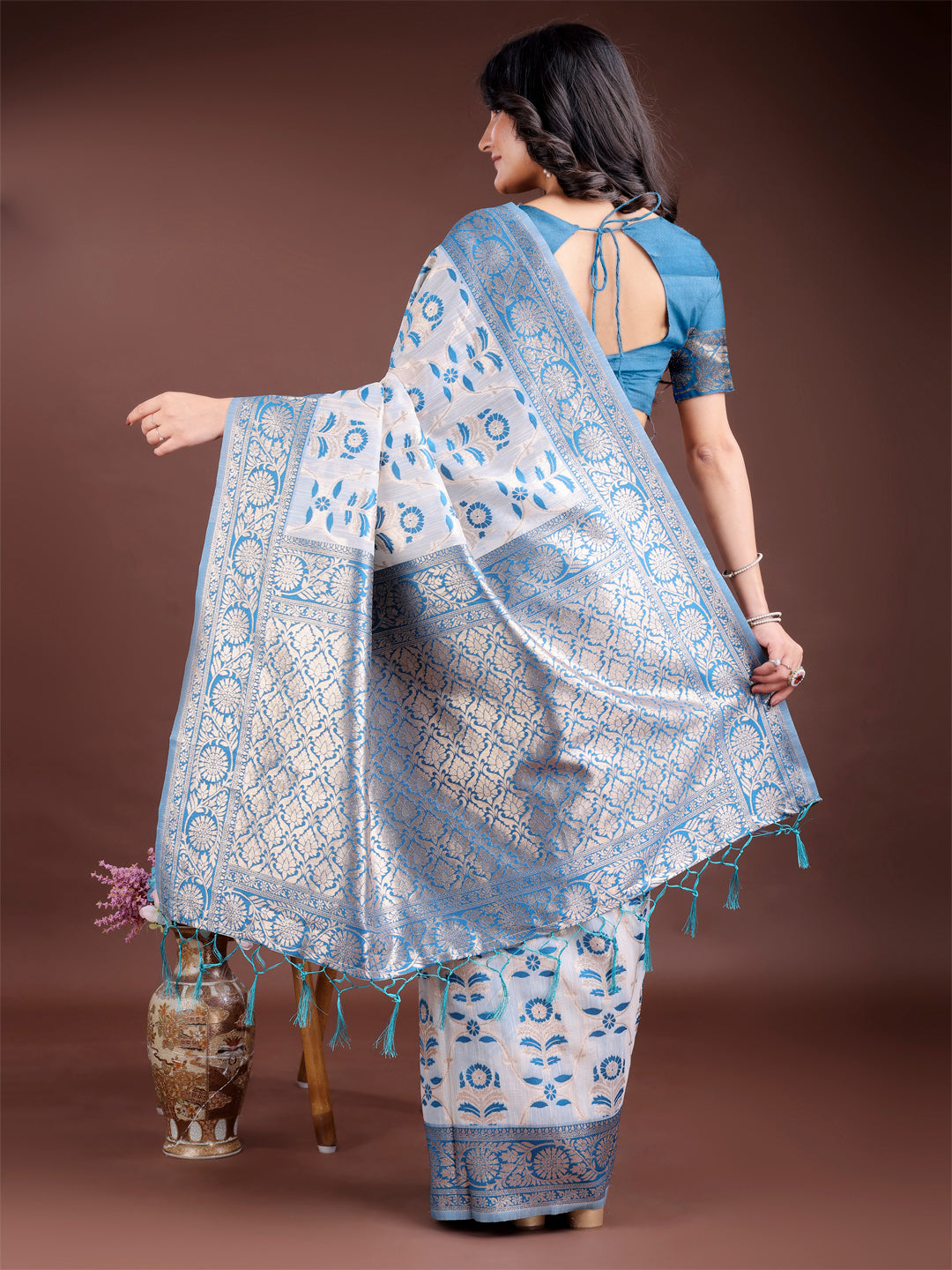 Astita White & Sky Blue Woven Linen Cotton Saree with Rich Zari Border – Soft Festive Wear Saree for Women