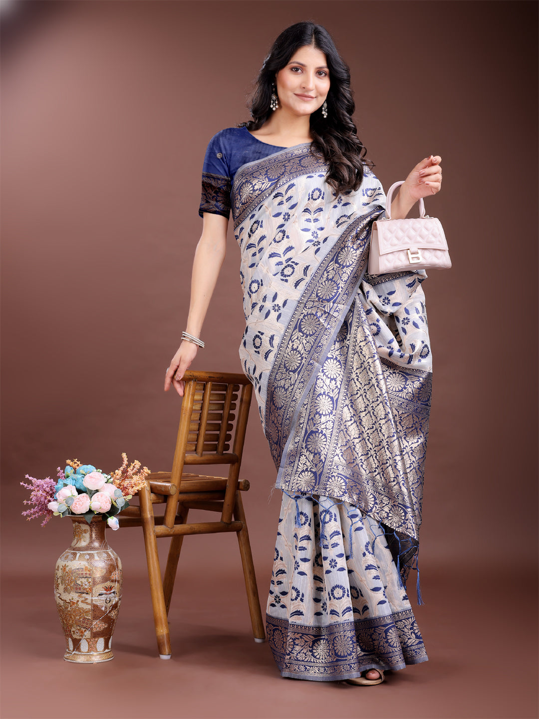 Astita White & Maroon Woven Linen Cotton Saree with Rich Zari Border – Soft Festive Wear Saree for Women