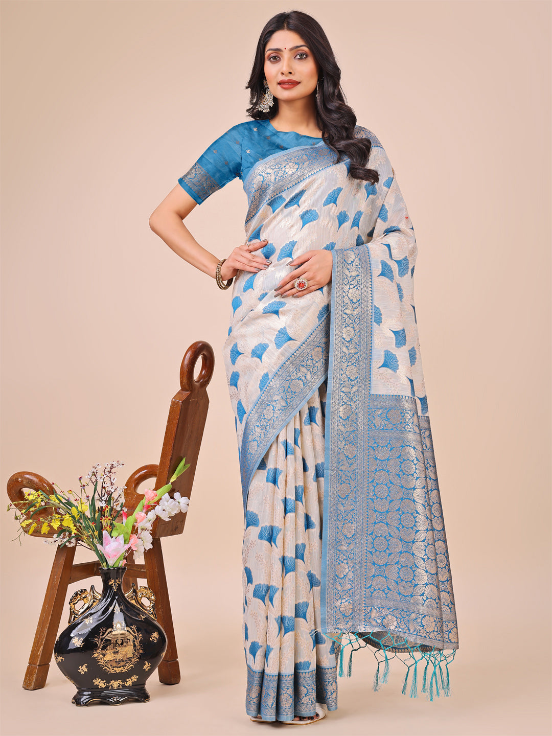 Elegant Off-White & Sky Blue Linen Cotton Saree with Zari Woven Border and Pallu