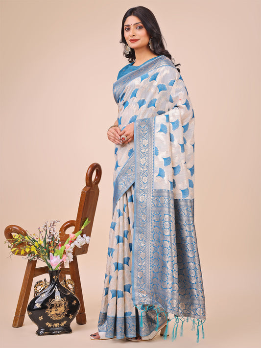 Elegant Off-White & Sky Blue Linen Cotton Saree with Zari Woven Border and Pallu