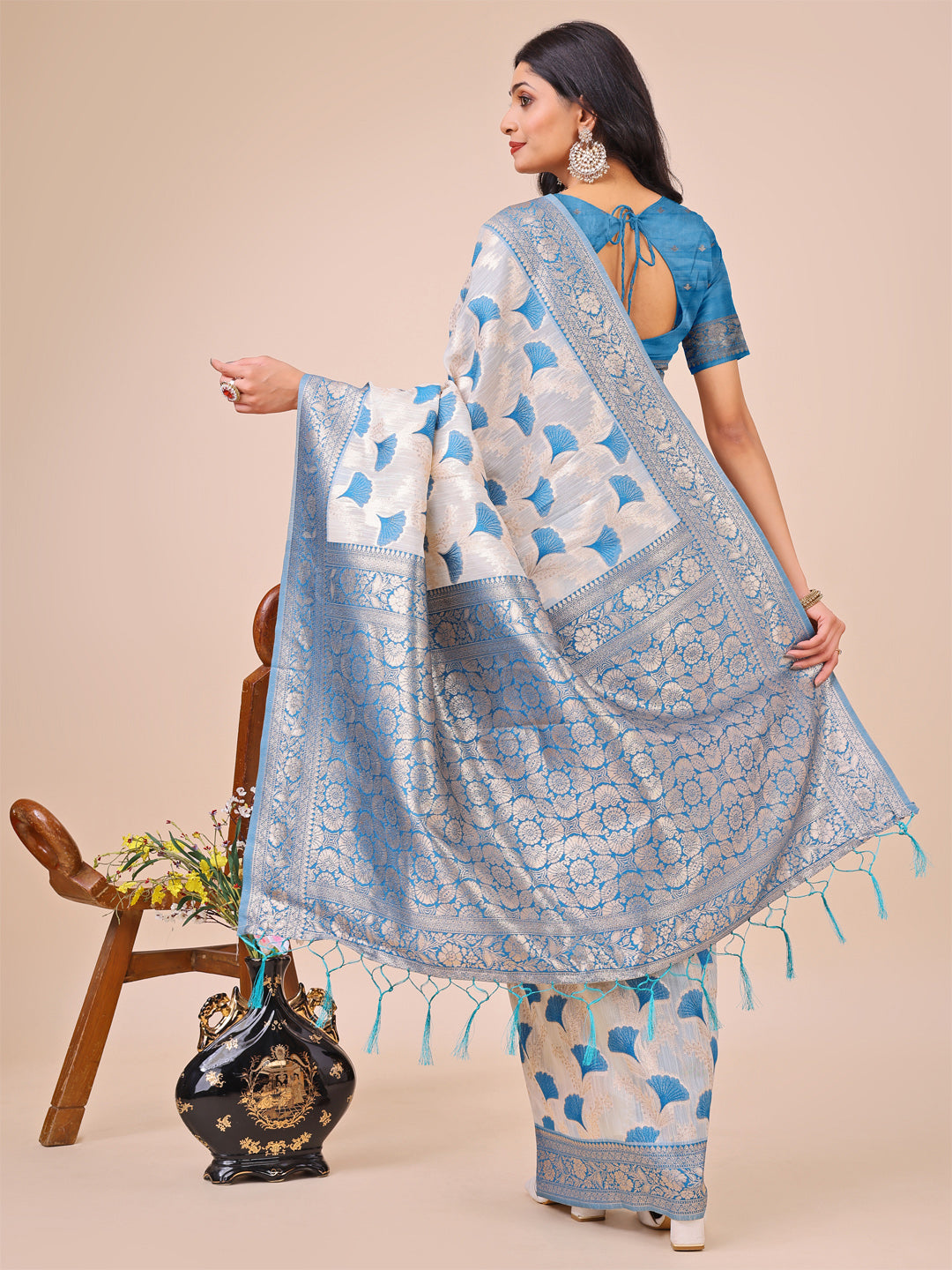 Elegant Off-White & Sky Blue Linen Cotton Saree with Zari Woven Border and Pallu