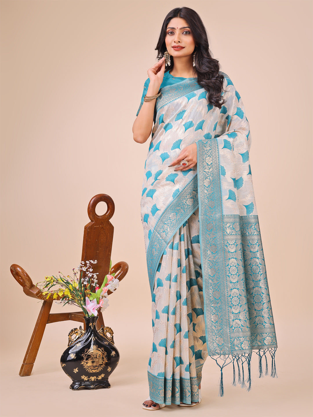 Elegant Off-White & Teal Linen Cotton Saree with Zari Woven Border and Pallu