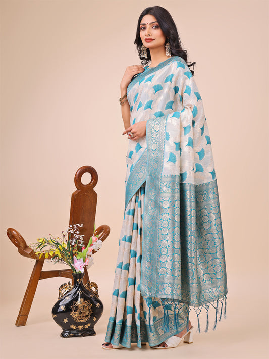 Elegant Off-White & Teal Linen Cotton Saree with Zari Woven Border and Pallu