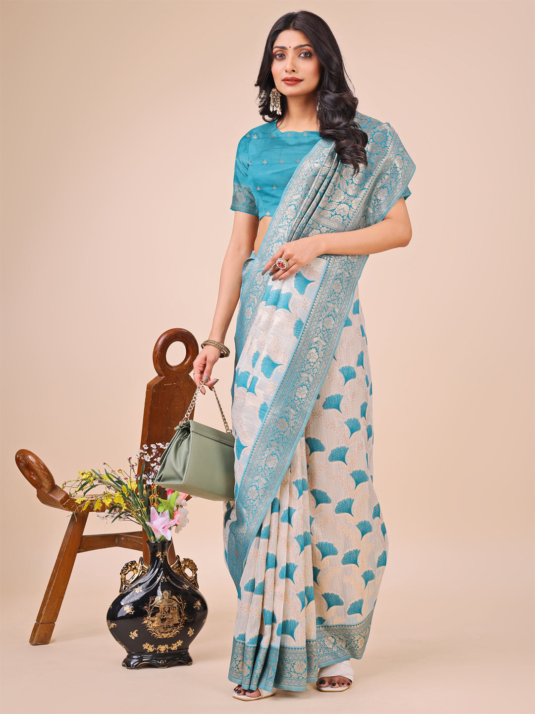 Elegant Off-White & Teal Linen Cotton Saree with Zari Woven Border and Pallu