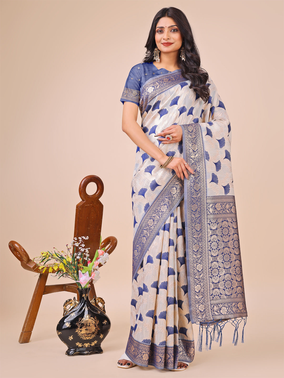 Elegant Off-White & Blue Linen Cotton Saree with Zari Woven Border and Pallu