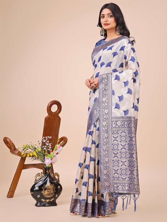 Elegant Off-White & Blue Linen Cotton Saree with Zari Woven Border and Pallu