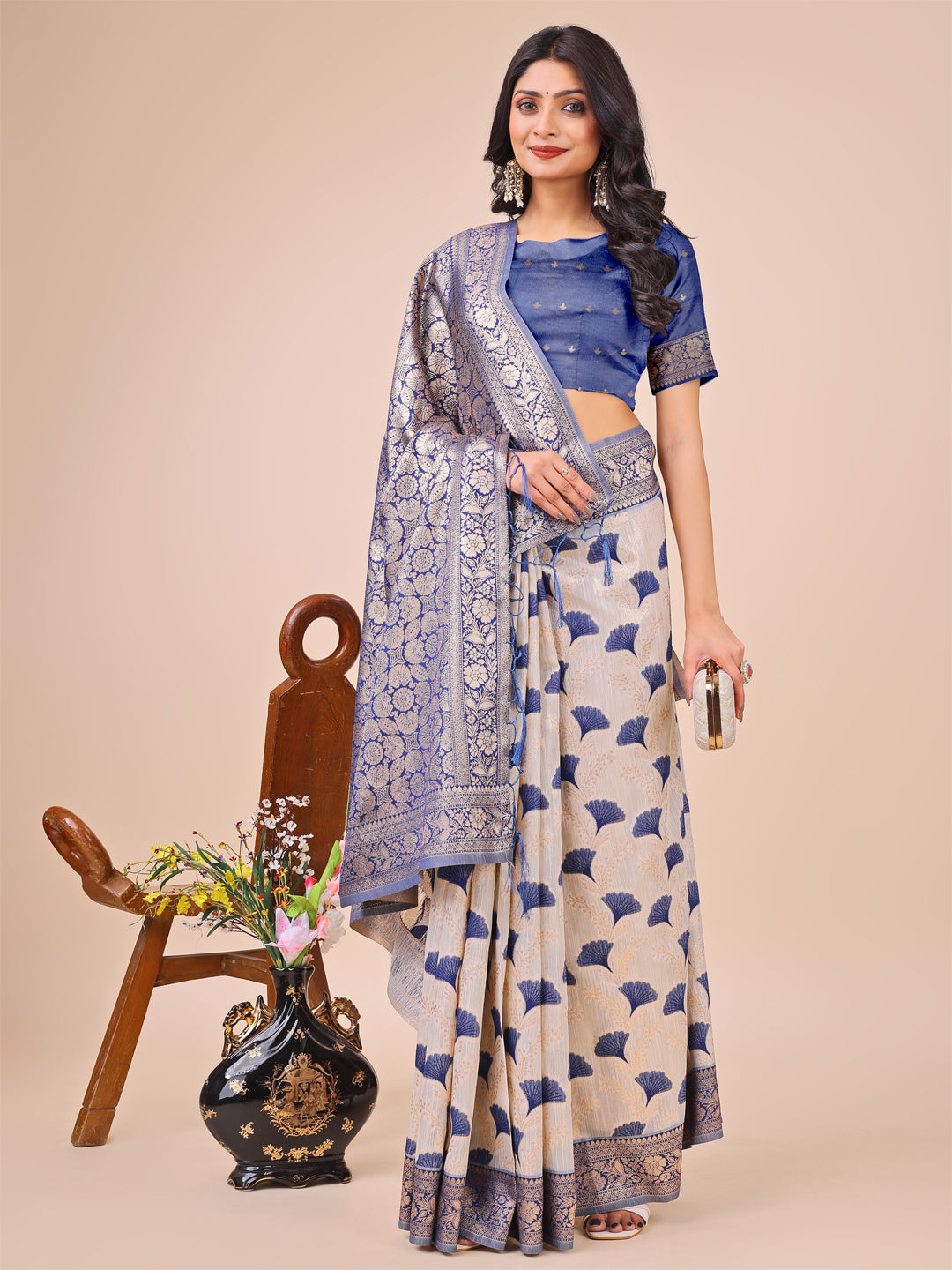 Elegant Off-White & Blue Linen Cotton Saree with Zari Woven Border and Pallu