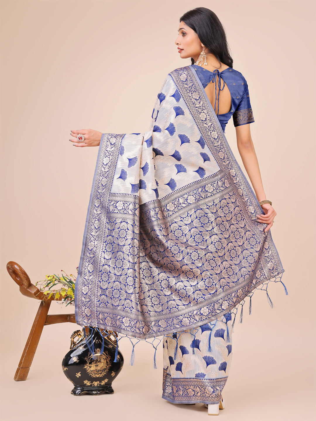 Elegant Off-White & Blue Linen Cotton Saree with Zari Woven Border and Pallu