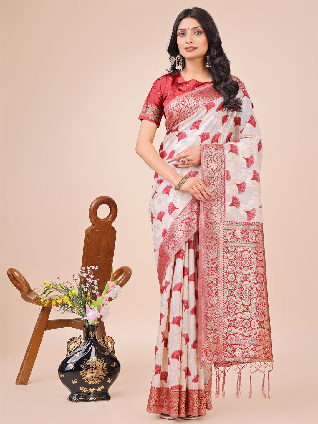 Elegant Off-White & Maroon Linen Cotton Saree with Zari Woven Border and Pallu