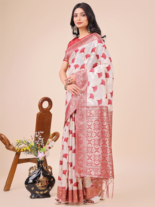 Elegant Off-White & Maroon Linen Cotton Saree with Zari Woven Border and Pallu