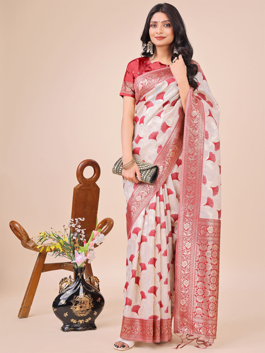 Elegant Off-White & Maroon Linen Cotton Saree with Zari Woven Border and Pallu