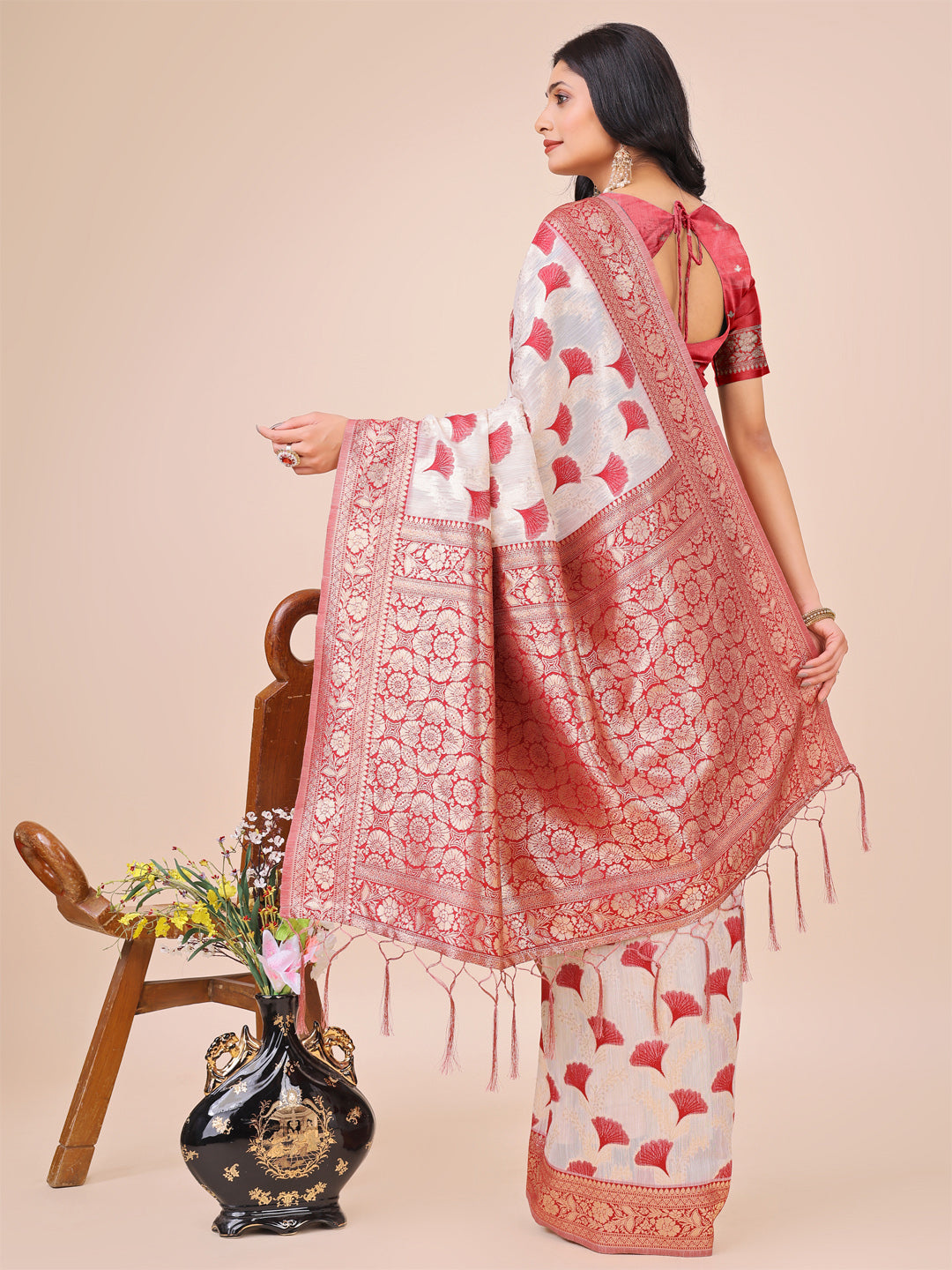 Elegant Off-White & Maroon Linen Cotton Saree with Zari Woven Border and Pallu