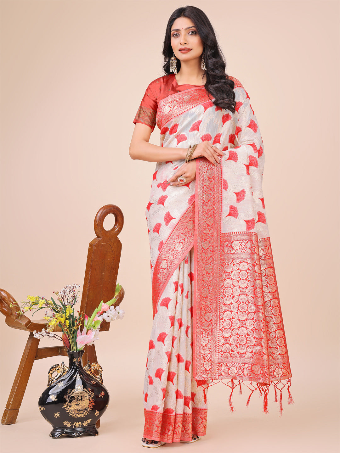 Elegant Off-White & Red Linen Cotton Saree with Zari Woven Border and Pallu