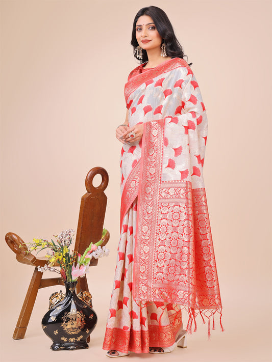 Elegant Off-White & Red Linen Cotton Saree with Zari Woven Border and Pallu