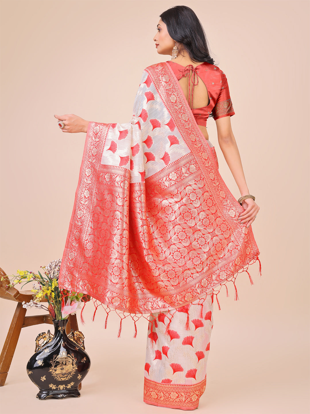Elegant Off-White & Red Linen Cotton Saree with Zari Woven Border and Pallu