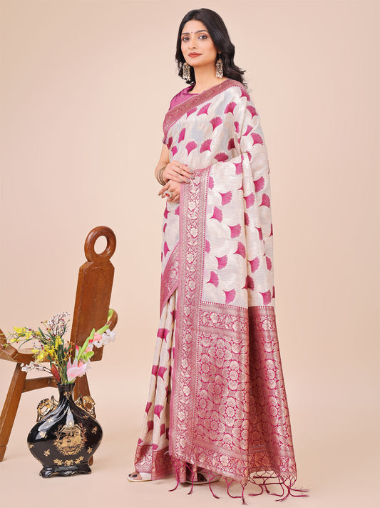 Elegant Off-White & Magenta Linen Cotton Saree with Zari Woven Border and Pallu
