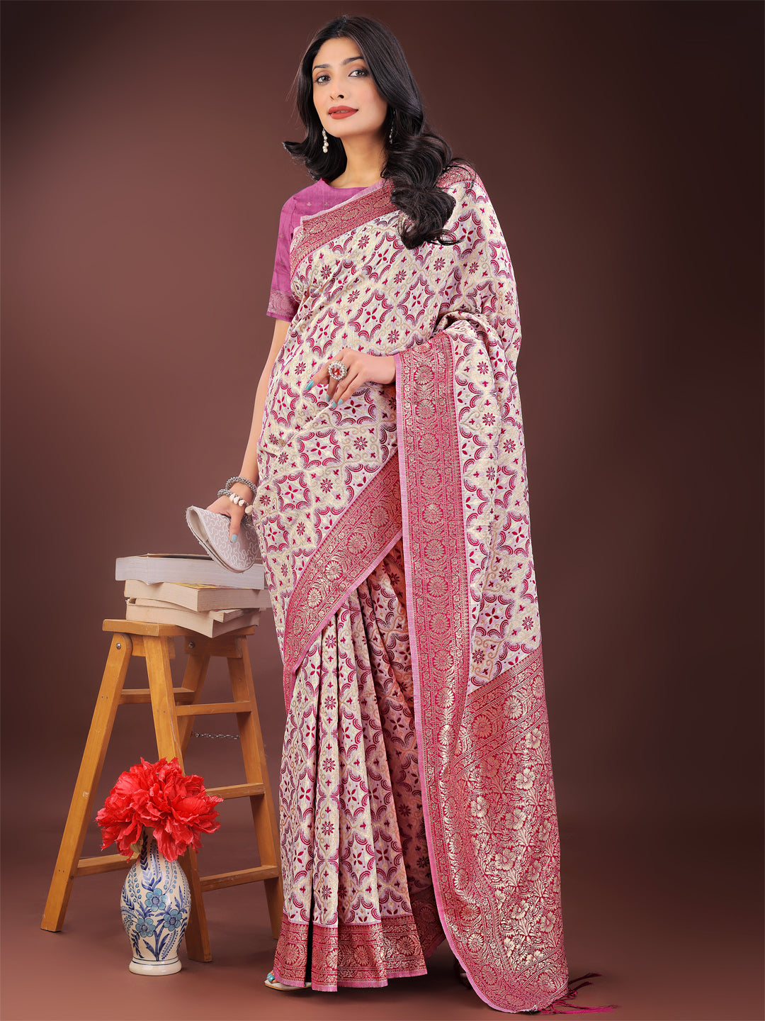Astita Pink Linen Saree with Rich Woven Zari Work β Elegant Ethnic Saree for Festive & Office Wear