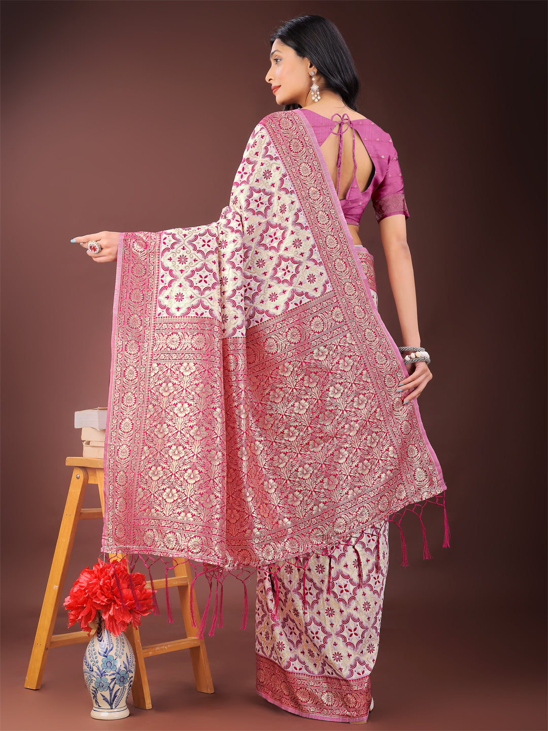 Astita Pink Linen Saree with Rich Woven Zari Work β Elegant Ethnic Saree for Festive & Office Wear