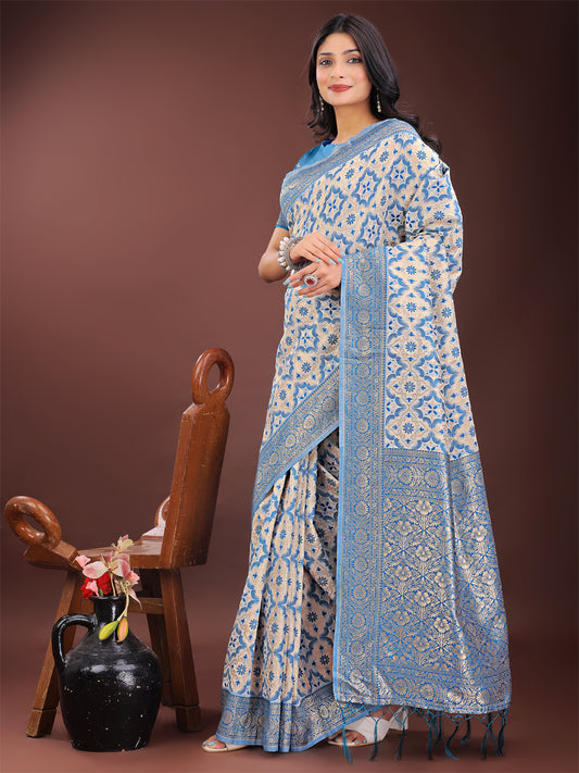 Astita Sky Blue Linen Saree with Rich Woven Zari Work – Elegant Ethnic Saree for Festive & Office Wear