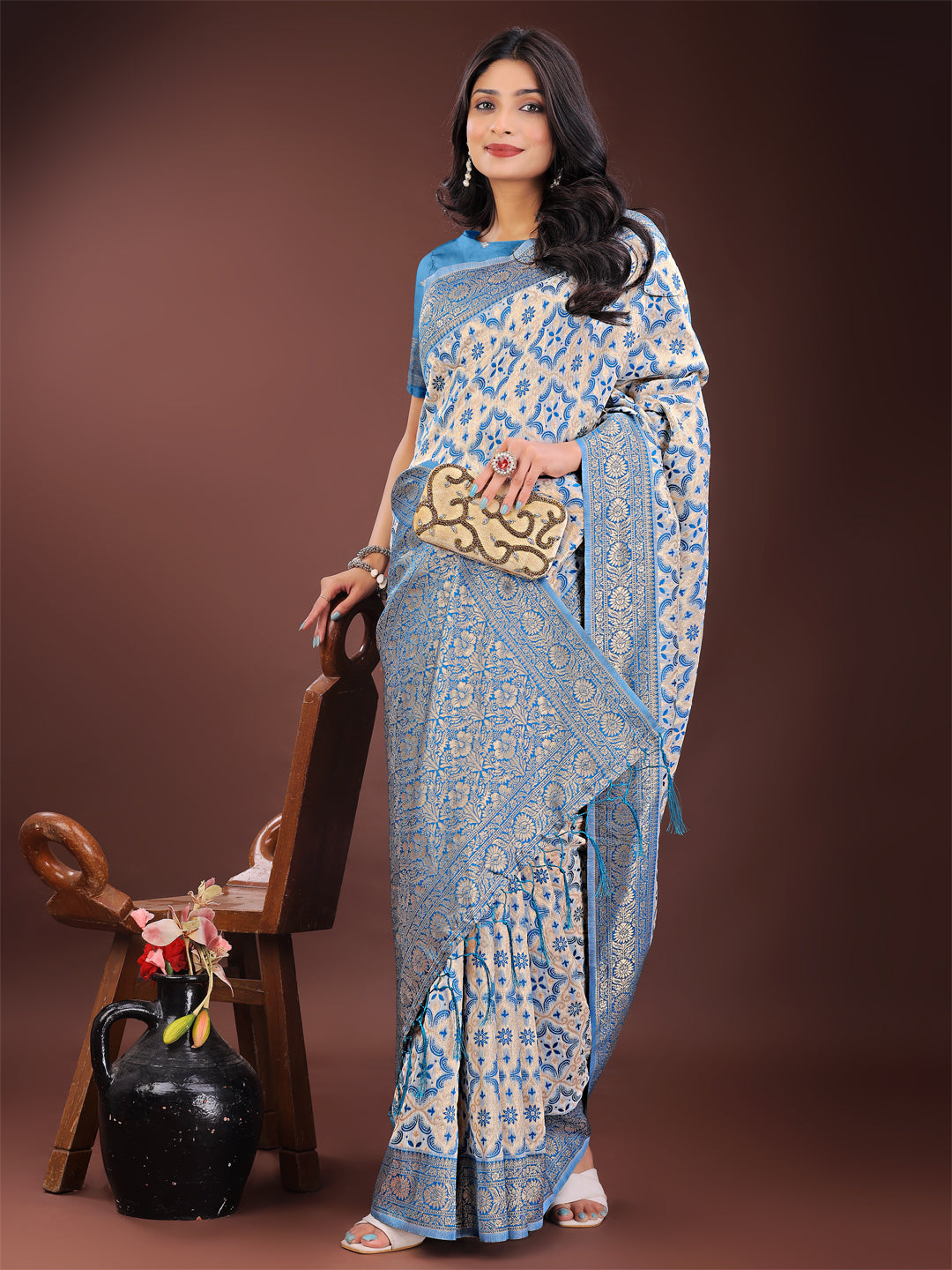 Astita Sky Blue Linen Saree with Rich Woven Zari Work β Elegant Ethnic Saree for Festive & Office Wear